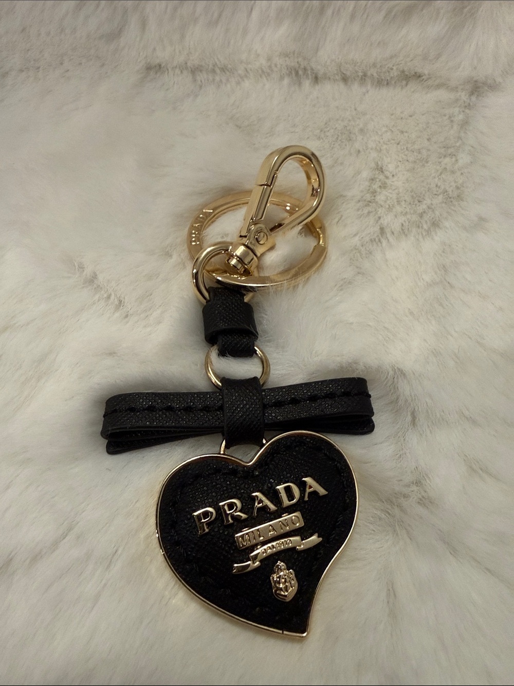 Prada Black Heart Logo Key Holder with Gold Hardware and Bow